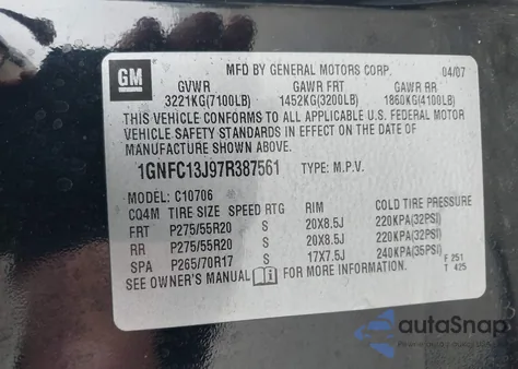 2007 Chevrolet Tahoe Ltz from USA, damaged, VIN 1GNFC13J97R387561